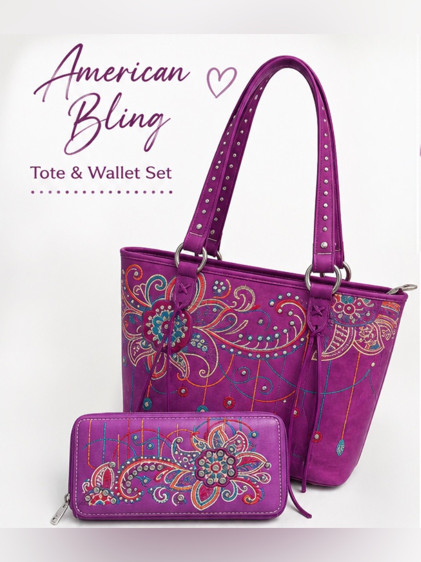 American Bling Purple Embroidered Tote & Matching Wallet Set Nwot
